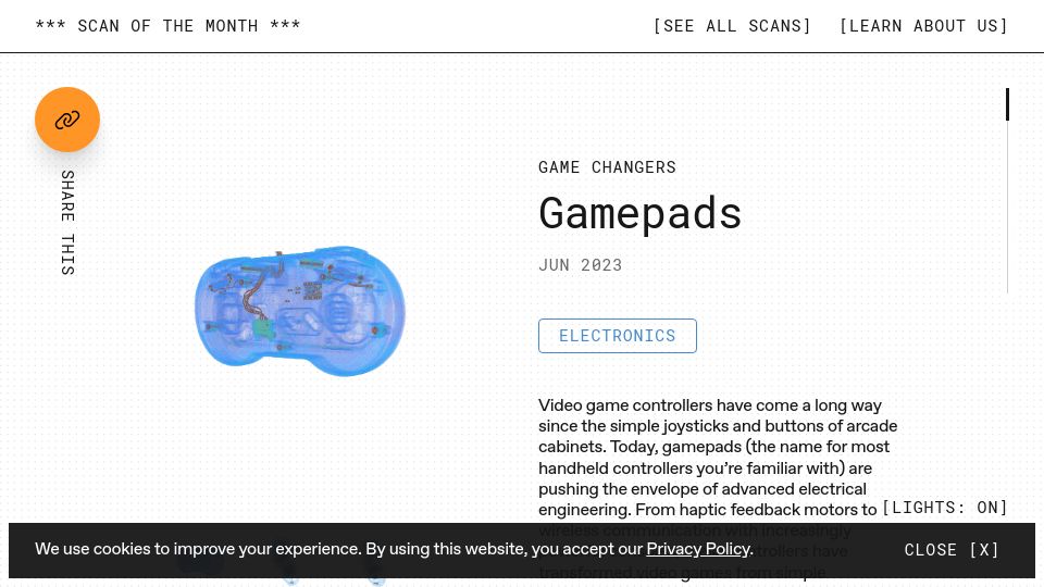 Screenshot of scanofthemonth.com: A look inside the SNES, PS5, and Xbox controllers with CT scans