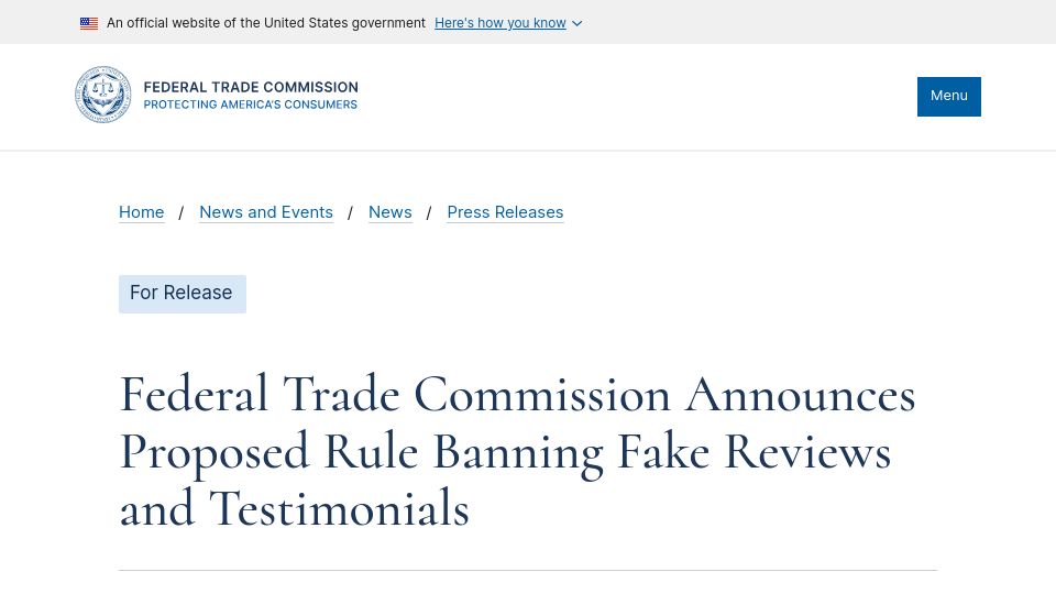 Screenshot of ftc.gov: FTC announces proposed rule banning fake reviews and testimonials