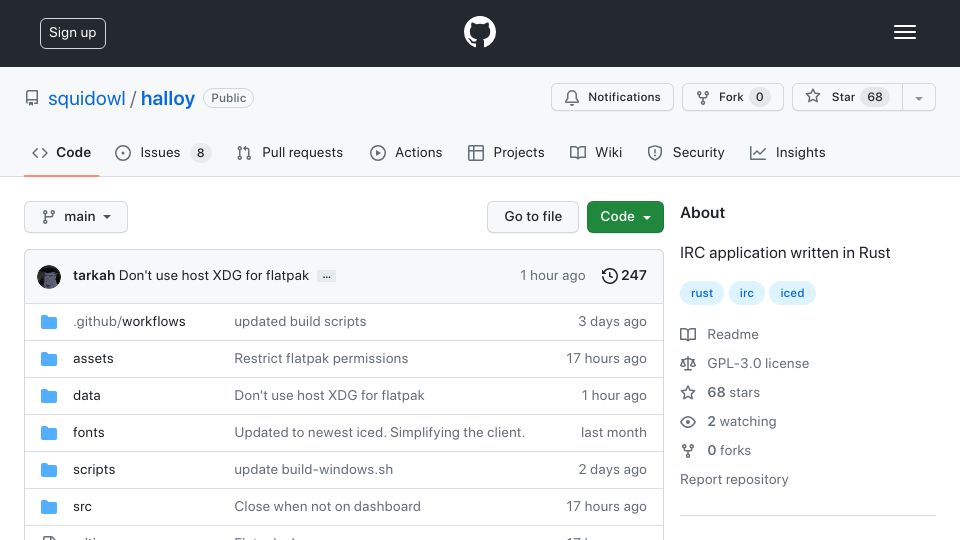 Screenshot of github.com: Show HN: Halloy – A GUI Application in Rust for IRC