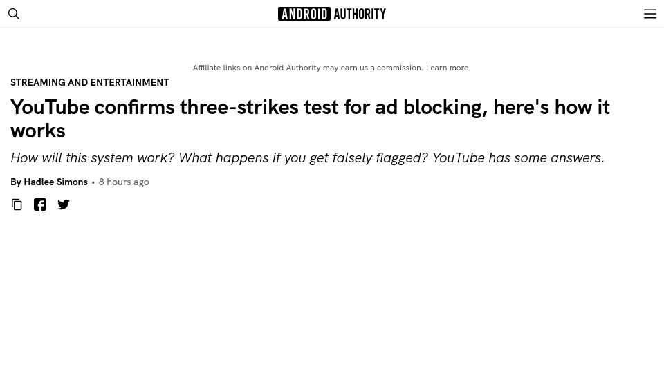 Screenshot of androidauthority.com: YouTube confirms three-strikes test for ad blocking