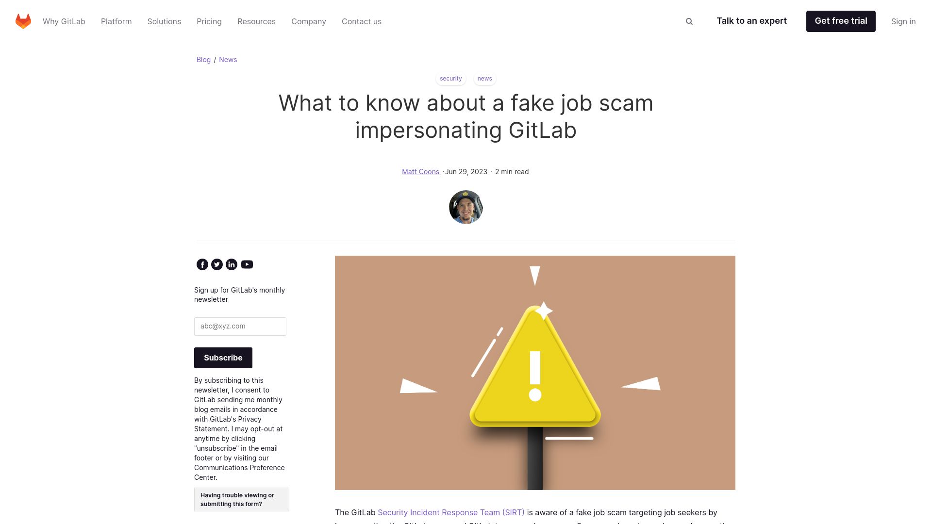 Screenshot of about.gitlab.com: What to know about a fake job scam impersonating Gitlab