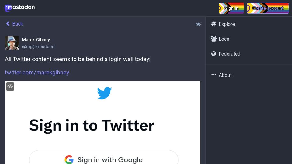 Screenshot of masto.ai: All Twitter content seems to be behind a login wall today
