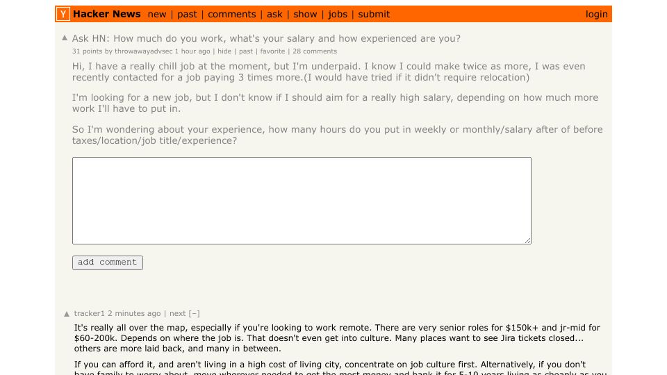 Screenshot of Hacker News post: Ask HN: How much do you work, what's your salary and how experienced are you?