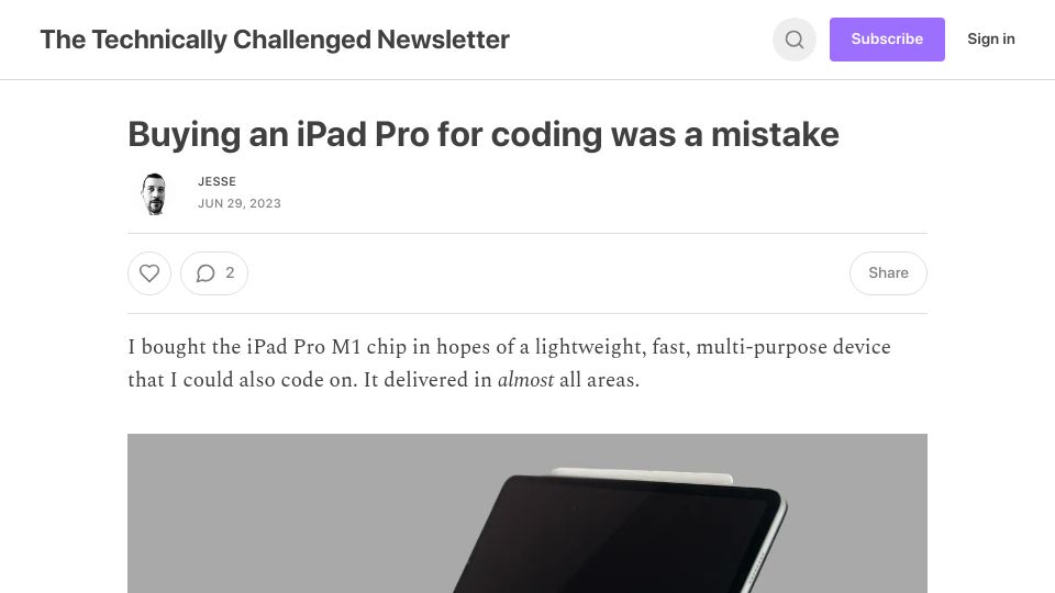 Screenshot of technicallychallenged.substack.com: Buying an iPad Pro for coding was a mistake