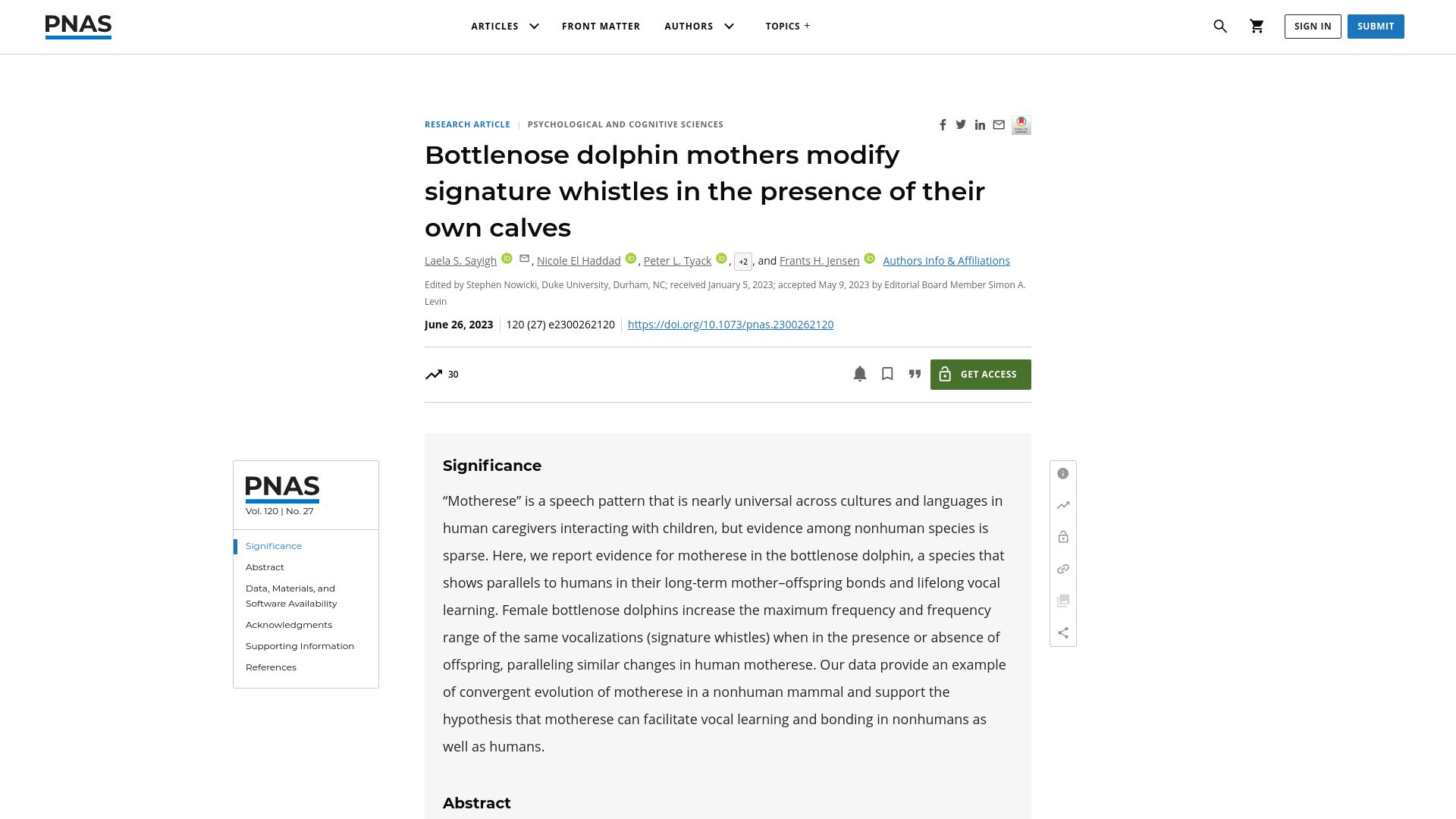 Screenshot of pnas.org: Dolphin mothers modify signature whistles in the presence of their own calves