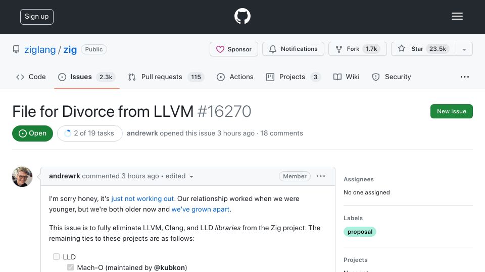 Screenshot of github.com: File for divorce from LLVM