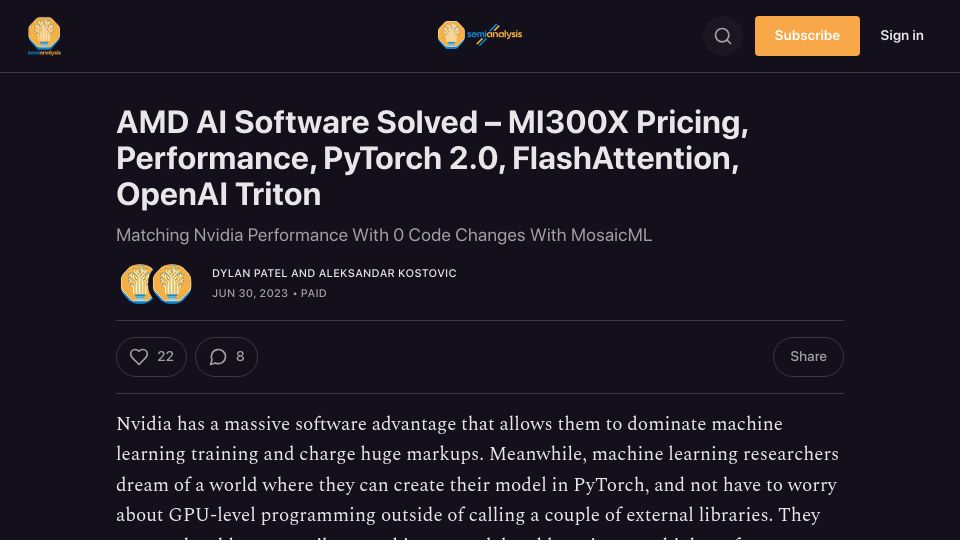 Screenshot of semianalysis.com: AMD AI Software Solved – MI300X Pricing, Perf, PyTorch, FlashAttention, Triton
