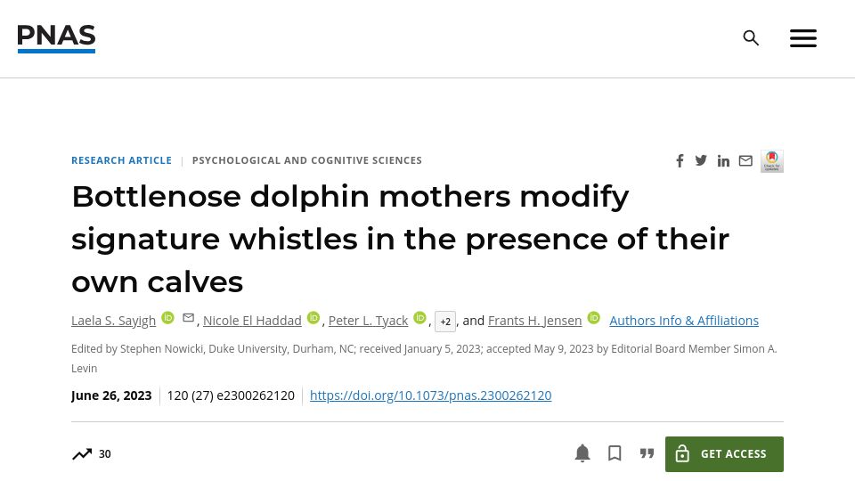 Screenshot of pnas.org: Dolphin mothers modify signature whistles in the presence of their own calves