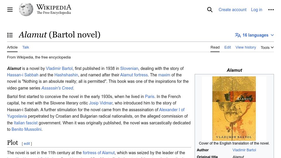 Screenshot of en.wikipedia.org: Alamut (Bartol Novel)