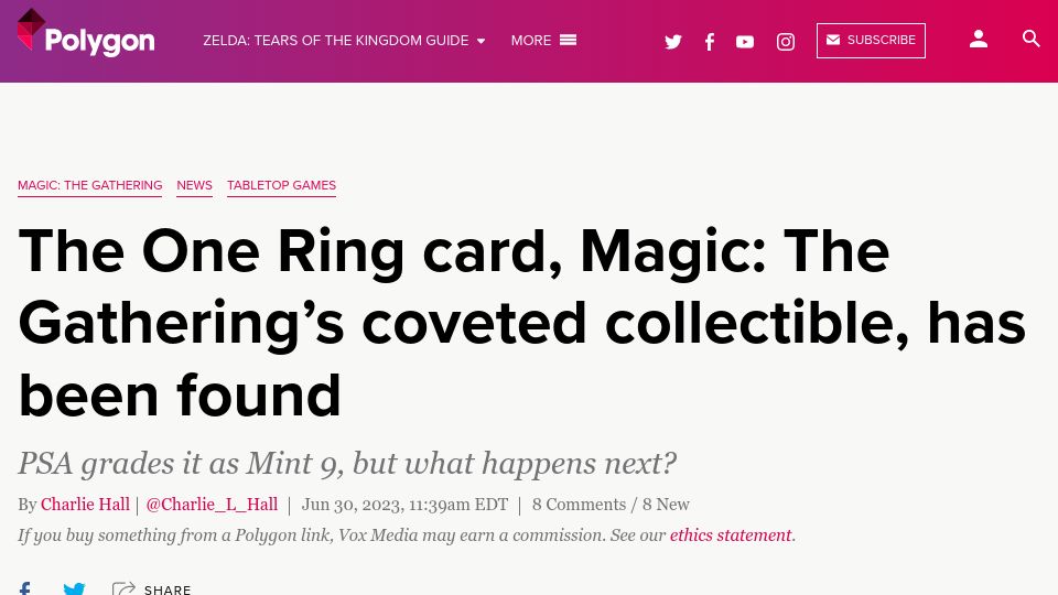 Screenshot of polygon.com: The One Ring card, Magic: The Gathering’s coveted collectible, has been found