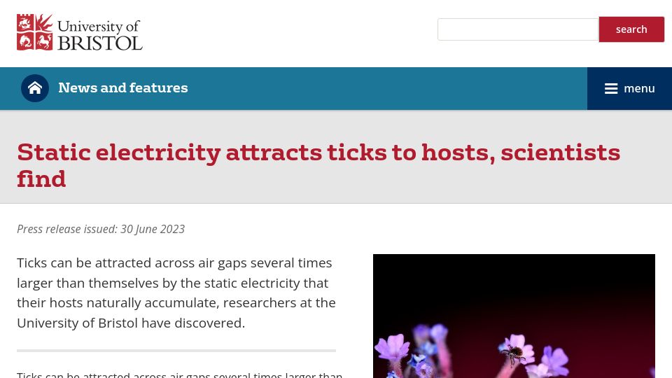 Screenshot of bristol.ac.uk: Static electricity attracts ticks to hosts