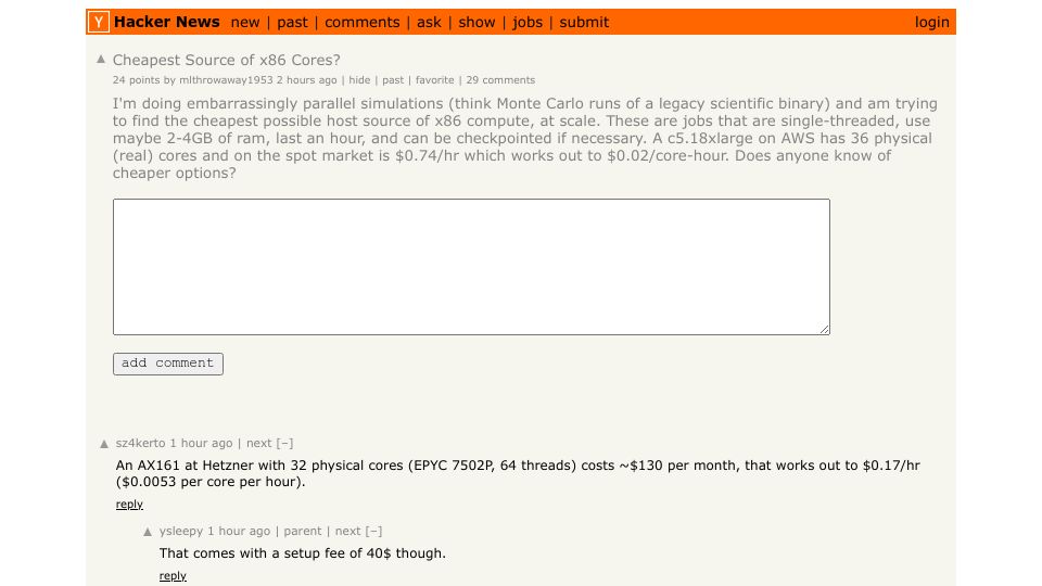 Screenshot of Hacker News post: Cheapest Source of x86 Cores?
