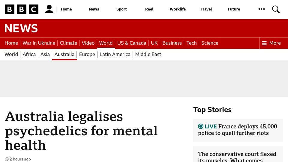 Screenshot of bbc.co.uk: Australia legalises psychedelics for mental health