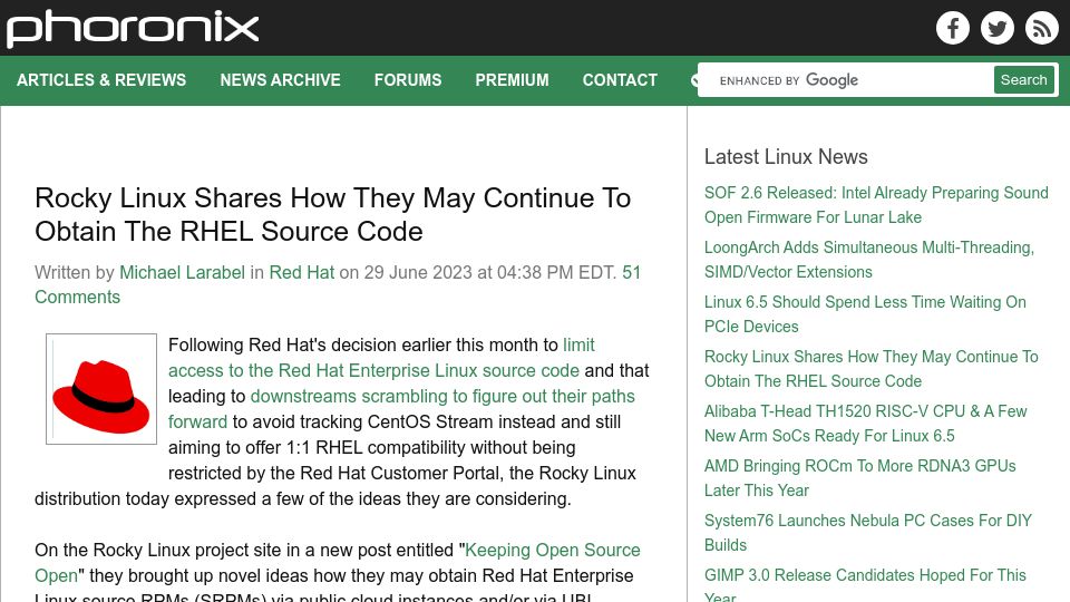 Screenshot of phoronix.com: Rocky Linux shares how they may continue to obtain the RHEL source code