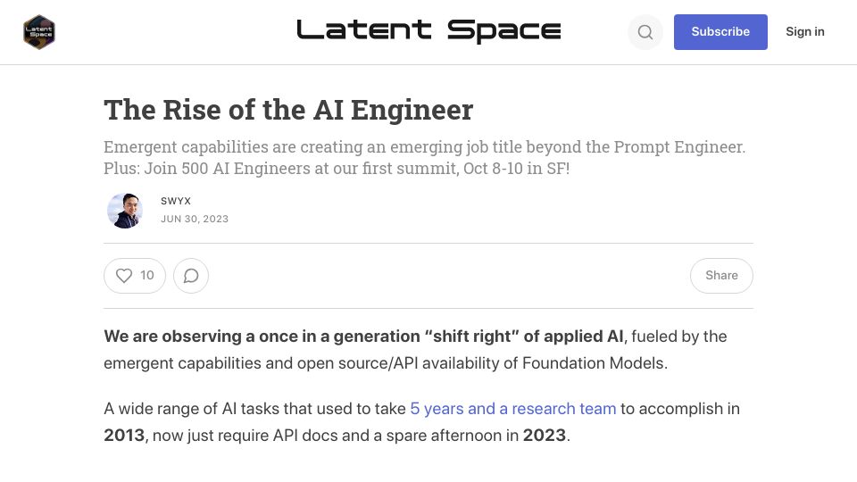 Screenshot of latent.space: The Rise of the AI Engineer