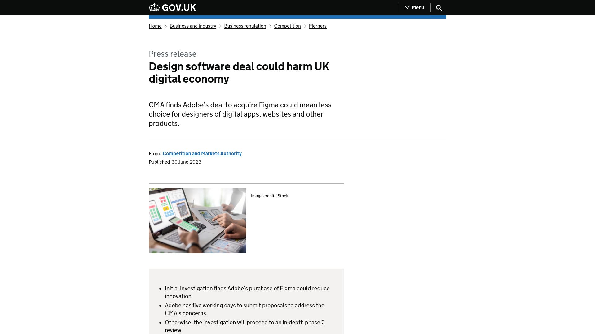 Screenshot of gov.uk: UK competition regulator finds Adobe’s purchase of Figma could reduce innovation