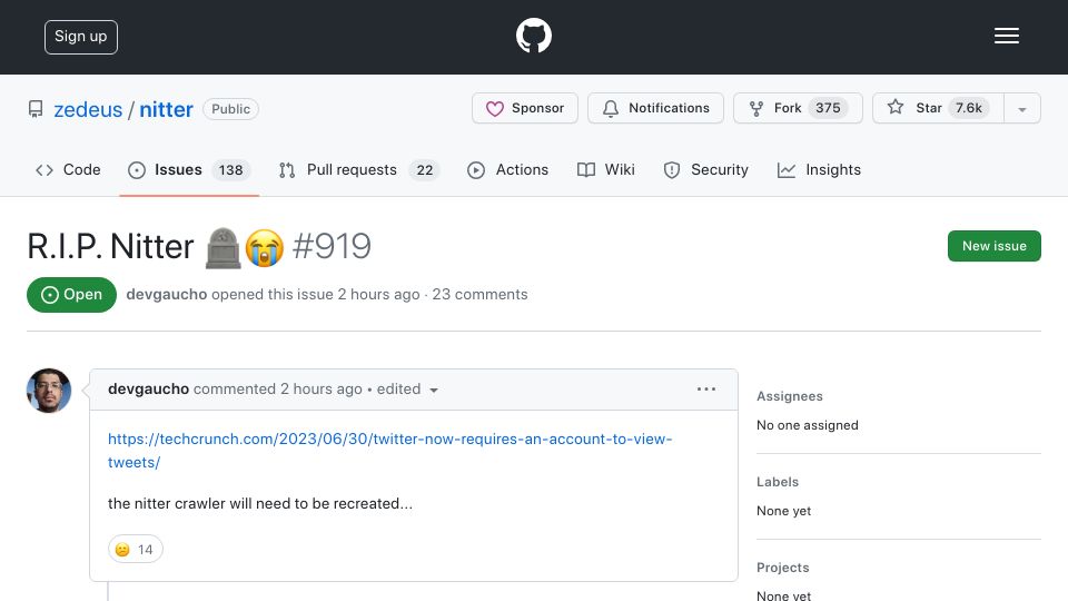 Screenshot of github.com: RIP Nitter