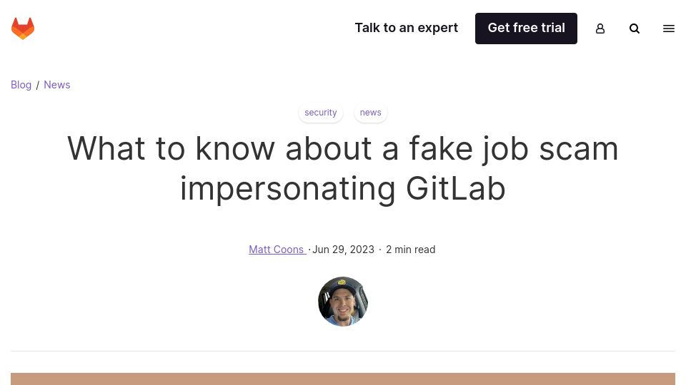 Screenshot of about.gitlab.com: What to know about a fake job scam impersonating Gitlab