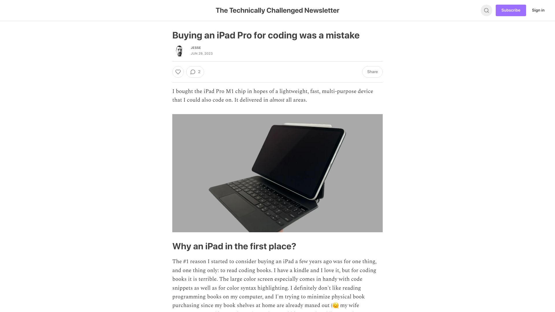 Screenshot of technicallychallenged.substack.com: Buying an iPad Pro for coding was a mistake