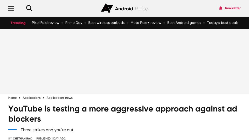 Screenshot of androidpolice.com: YouTube is testing a more aggressive approach against ad blockers