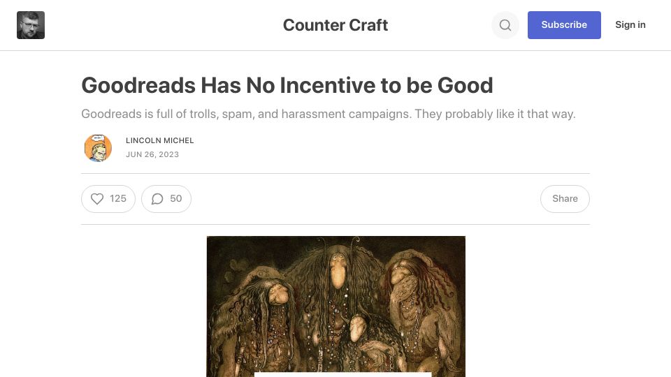 Screenshot of countercraft.substack.com: Goodreads has no incentive to be good