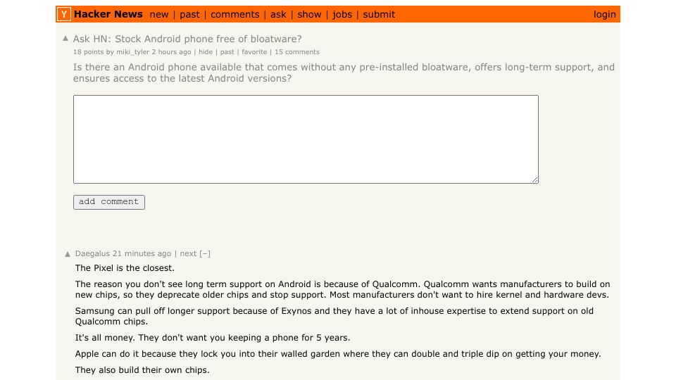 Screenshot of Hacker News post: Ask HN: Stock Android phone free of bloatware?