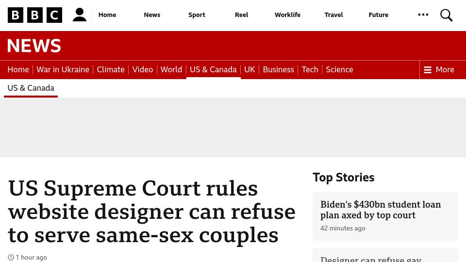 Screenshot of bbc.com: US Supreme Court rules website designer can refuse to serve same-sex couples