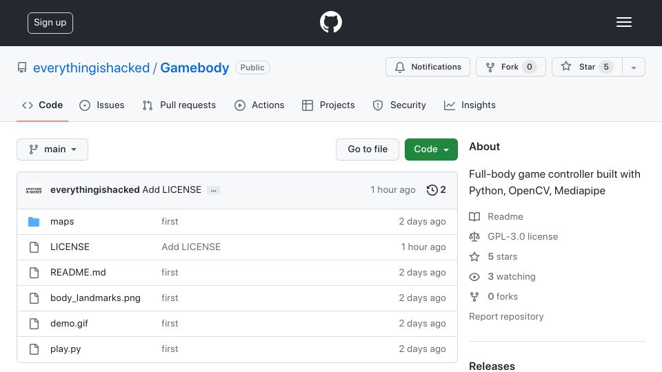 Screenshot of github.com: Show HN: Gamebody, a full-body game controller