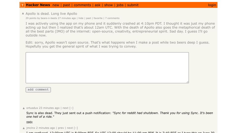 Screenshot of Hacker News post: Apollo is dead. Long live Apollo