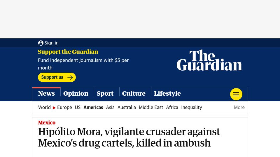 Screenshot of theguardian.com: Hipólito Mora, vigilante crusader against Mexico’s cartels, killed in ambush