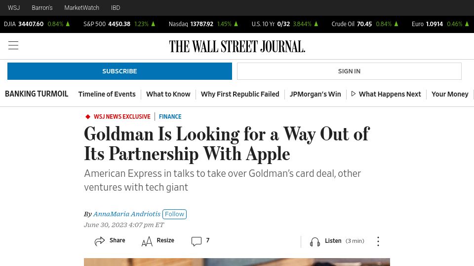 Screenshot of wsj.com: Goldman Is Looking for a Way Out of Its Partnership with Apple
