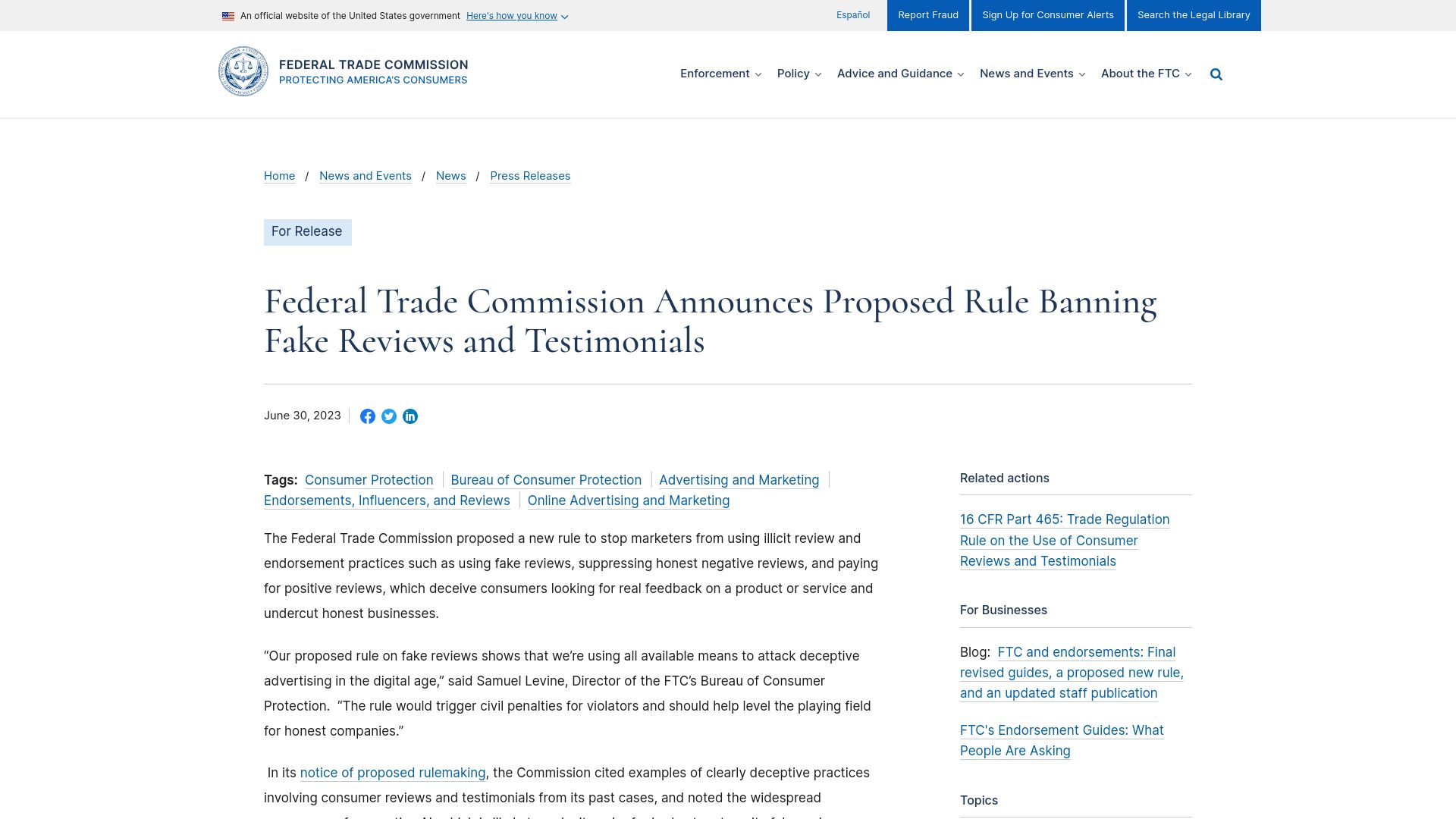 Screenshot of ftc.gov: FTC announces proposed rule banning fake reviews and testimonials