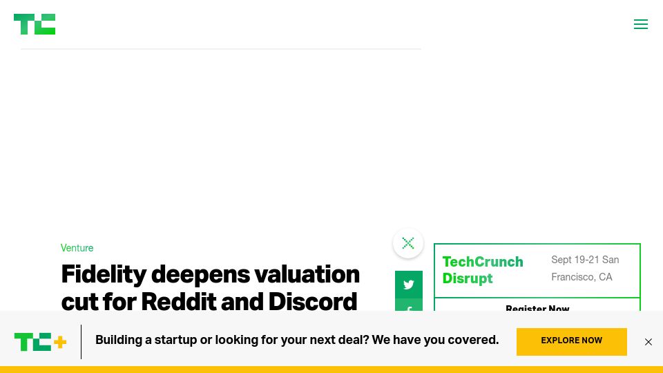 Screenshot of techcrunch.com: Fidelity deepens valuation cut for Reddit and Discord