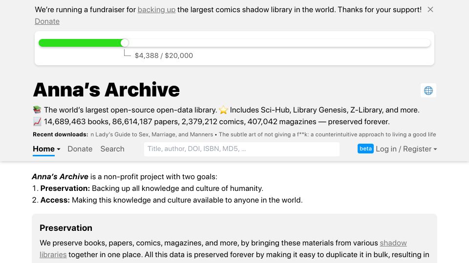 Screenshot of annas-archive.org: Anna’s Archive: Open-source data library
