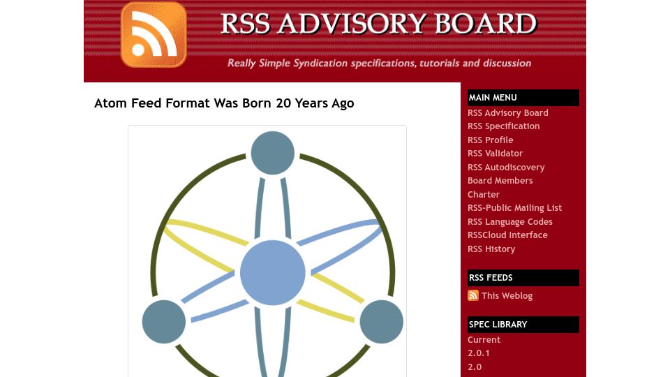 Screenshot of rssboard.org: Atom feed format was born 20 years ago