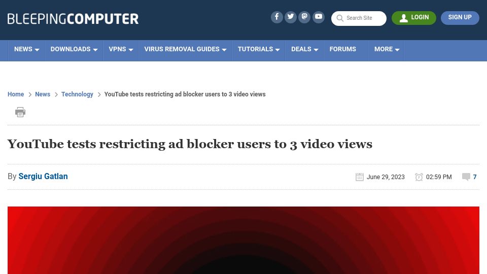 Screenshot of bleepingcomputer.com: YouTube tests restricting ad blocker users to 3 video views