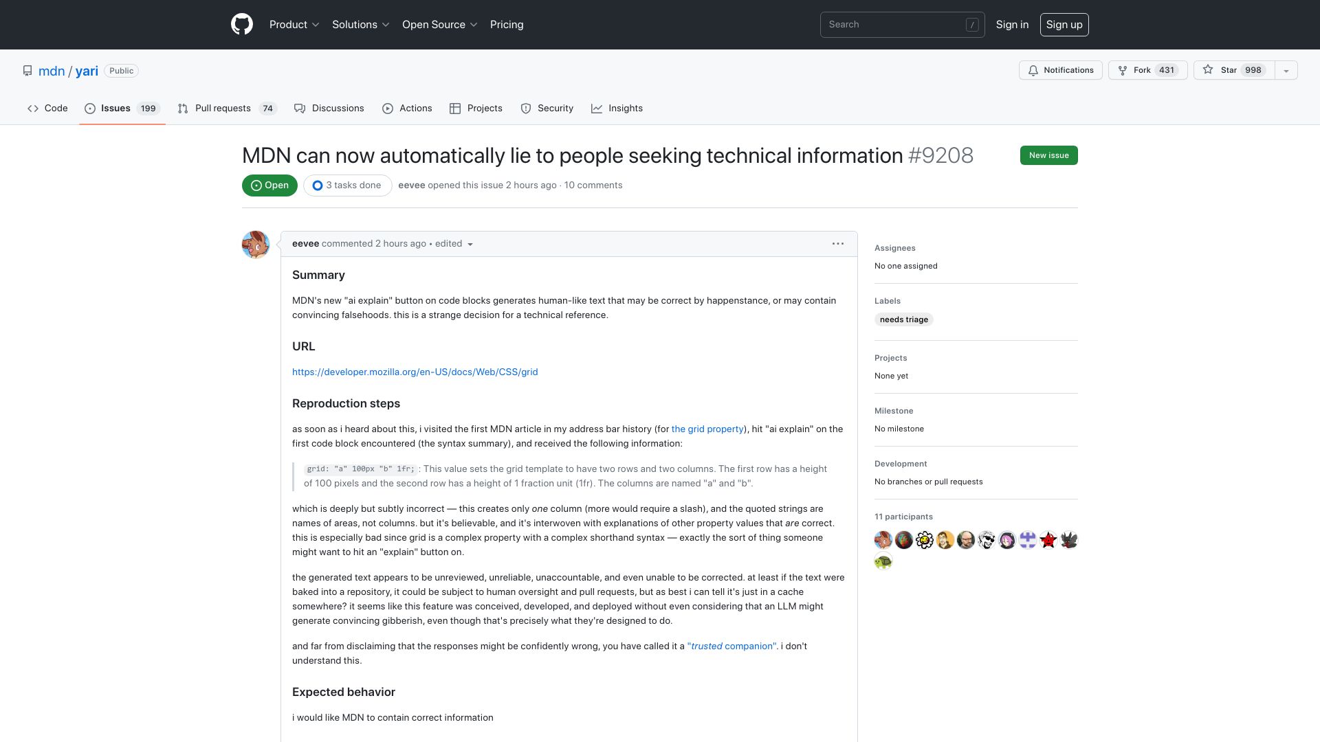 Screenshot of github.com: MDN can now automatically lie to people seeking technical information