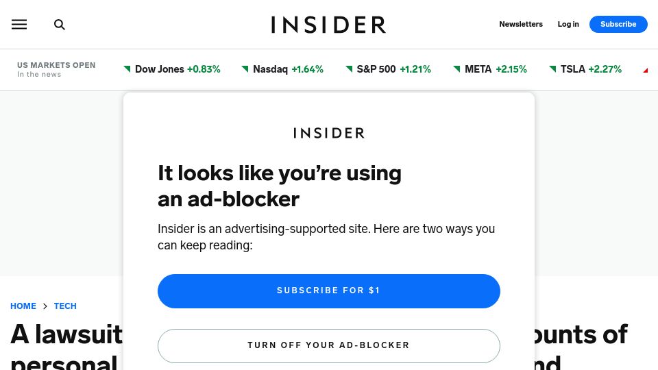 Screenshot of businessinsider.com: Lawsuit claims OpenAI stole 'massive amounts of personal data'