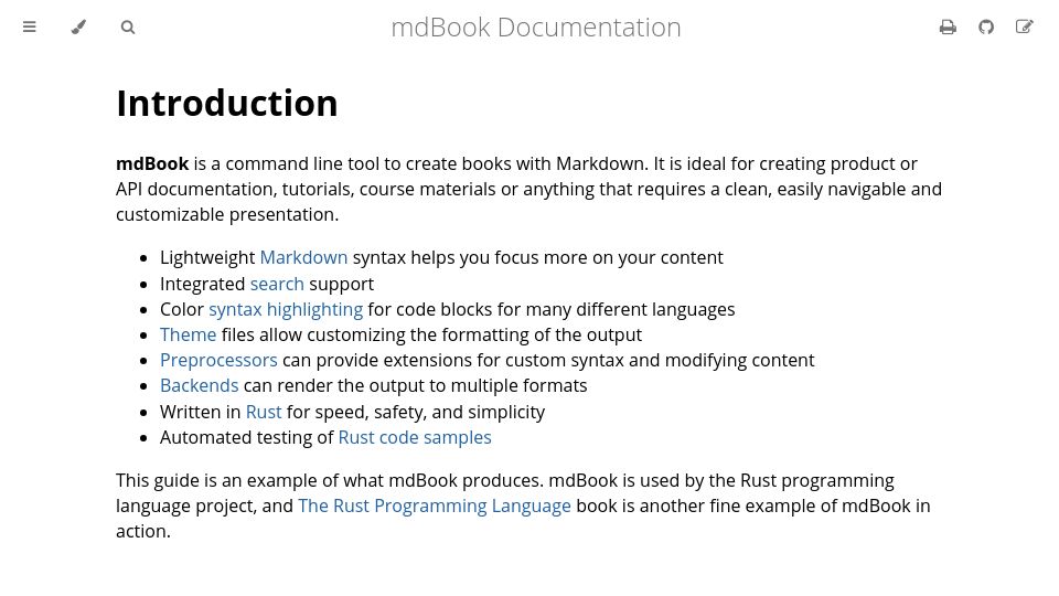 Screenshot of rust-lang.github.io: MdBook – A command line tool to create books with Markdown