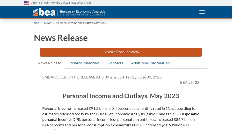 Screenshot of bea.gov: May inflation (PCE) falls to 1.2% (3.6% Core) / 3.8% YoY (4.6% Core YoY)