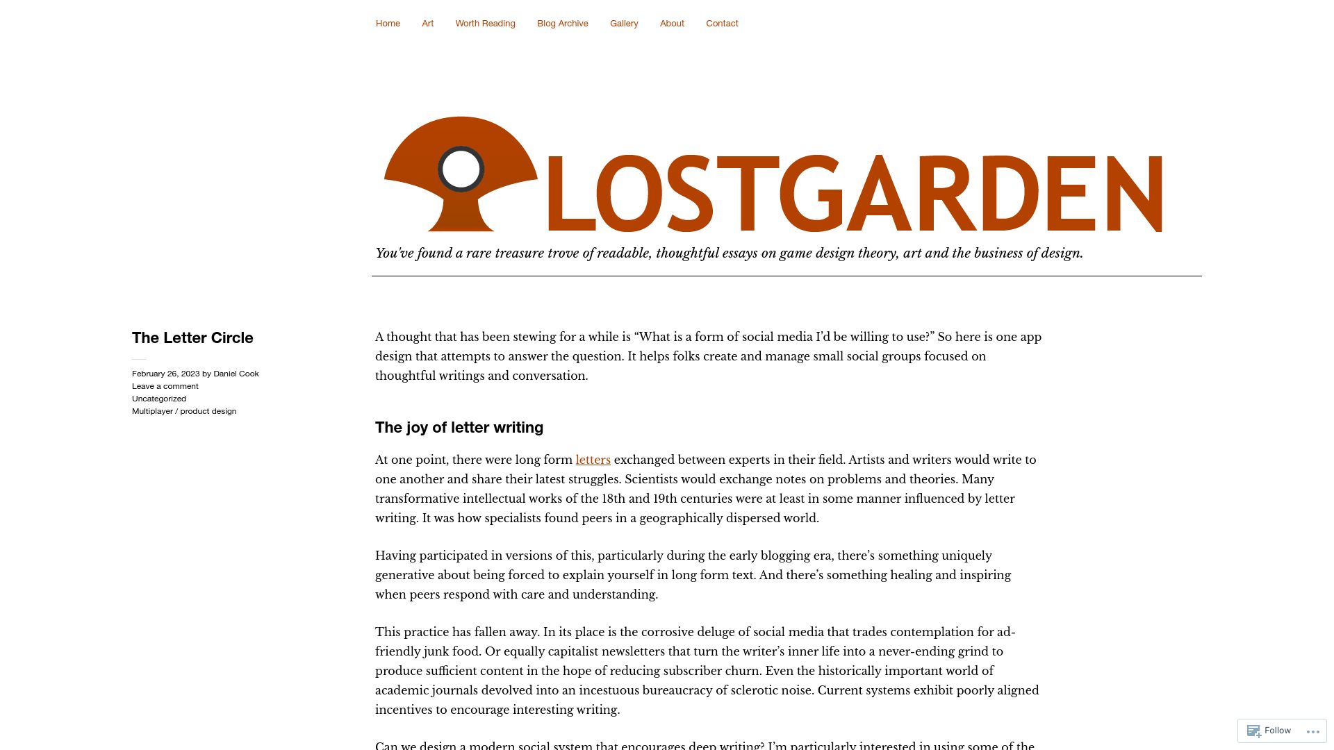 Screenshot of lostgarden.home.blog: The Letter Circle