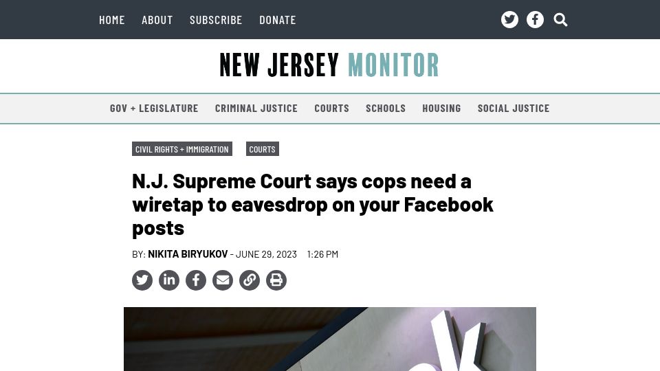 Screenshot of newjerseymonitor.com: NJ Supreme Court says cops need a wiretap to eavesdrop on your Facebook posts