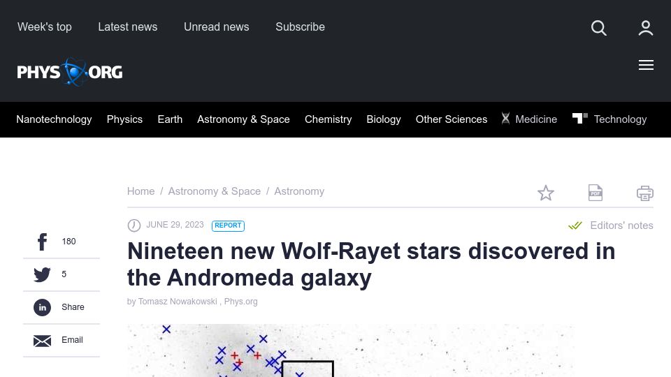 Screenshot of phys.org: Nineteen new Wolf-Rayet stars discovered in the Andromeda galaxy