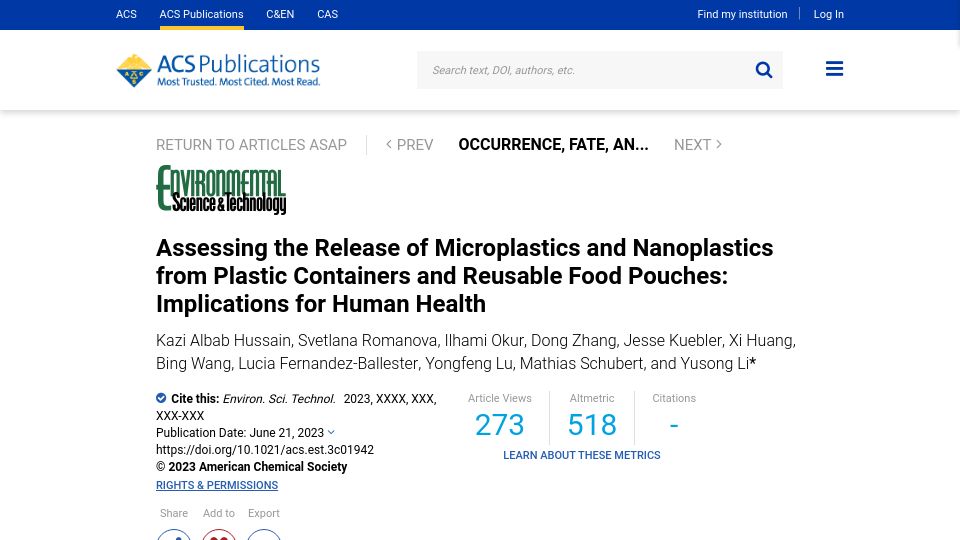 Screenshot of pubs.acs.org: Microwaved plastic containers release microplastics into food