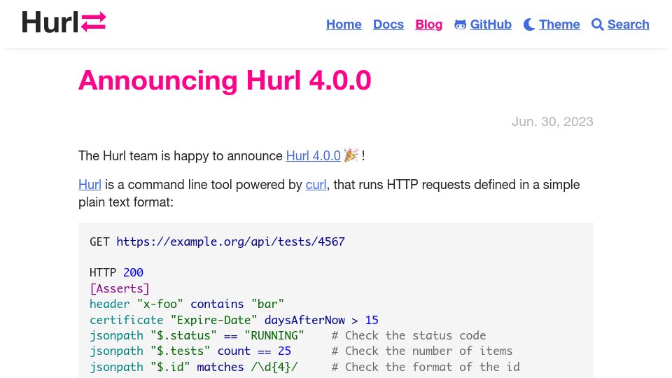 Screenshot of hurl.dev: Hurl 4.0.0