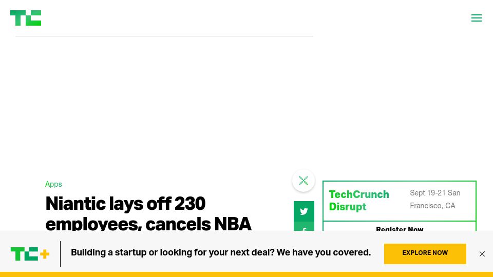 Screenshot of techcrunch.com: Niantic lays off 230 employees, cancels NBA and Marvel games