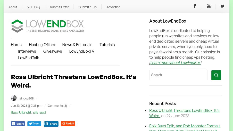 Screenshot of lowendbox.com: Ross Ulbricht Threatens LowEndBox. It's Weird