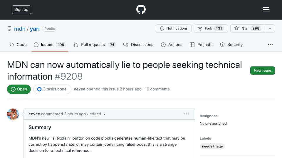 Screenshot of github.com: MDN can now automatically lie to people seeking technical information