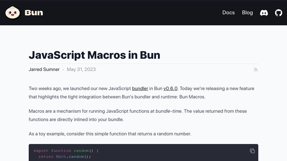 Screenshot of bun.sh: JavaScript macros in Bun