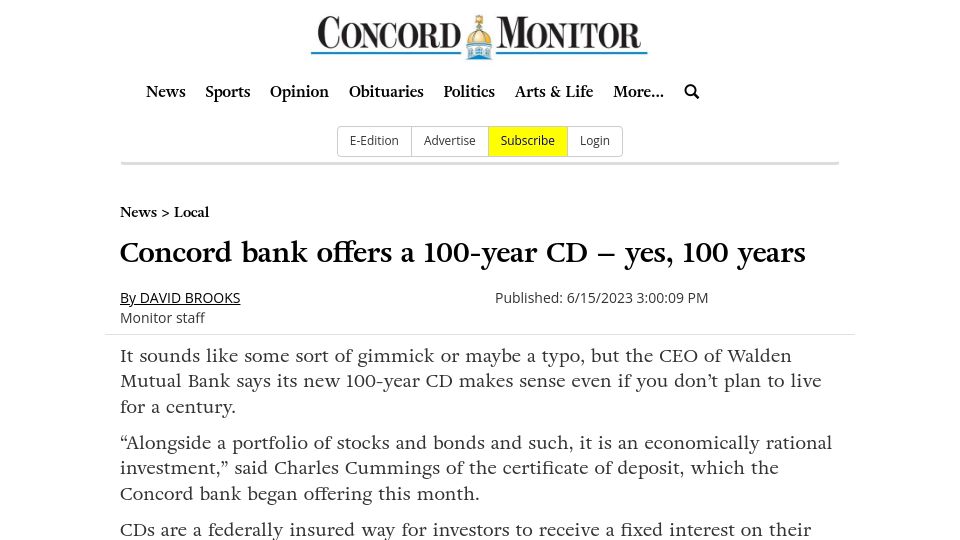 Screenshot of concordmonitor.com: Concord bank offers a 100-year CD
